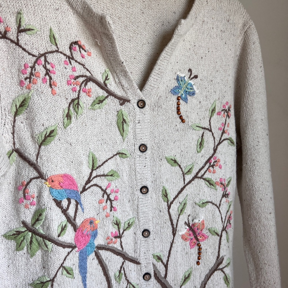 Vintage Embroidered Bird Butterfly Cardigan Beaded Oatmeal Knit Cottagecore Boho - Picture 2 of 8